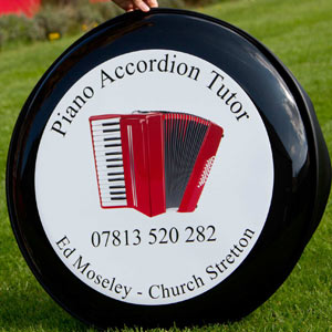 Wheel cover to advertise business.
