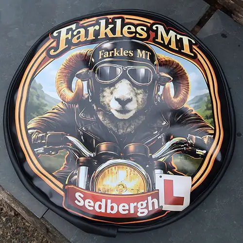 Printed tyre cover.